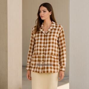 Ganni Brown & Cream Silk Check Shirt Button Down Plaid Oversized Size 32 XXS